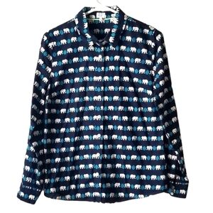 Crown & Ivy Button Down Blue/White Elephant Print Top Size PM